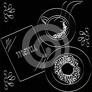 Coffee, donut and menu drawn on a black background