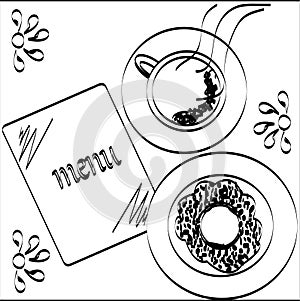Coffee, donut and menu drawn on white background
