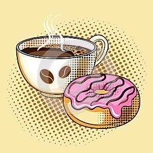 Coffee and donut pop art vector illustration