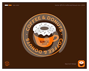 Coffee and Donuts Cafe emblem. Coffee mug and donut in a circle. Identity. App button.