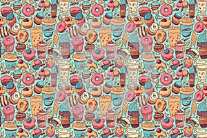 Coffee, donuts, candy doodles seamless pattern