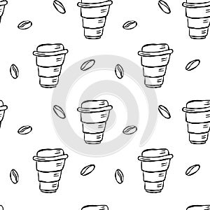 Coffee doodle seamless pattern in black and white