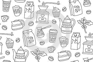 Coffee doodle seamless pattern cup drink beans breakfast boundless ornament endless design menu