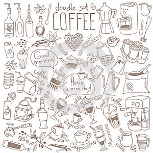 Coffee doodle set. Variety of drinks and accessories - cappuccino, espresso, latte, coffeemaker, french press.