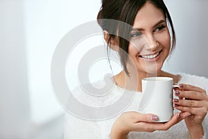 Coffee Drink. Beautiful Female Holding Cup With Hot Drink.