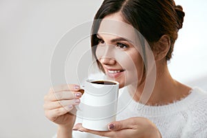Coffee Drink. Beautiful Female Holding Cup With Hot Drink.