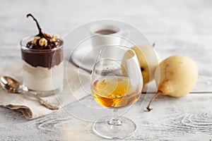 Coffee and drink. Cup of Coffee and Cognac Brandy Whiskey Aperitif