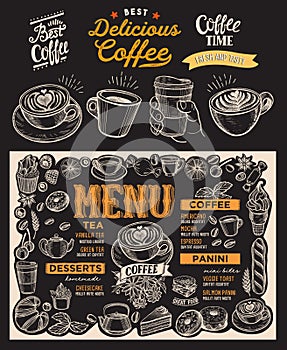 Coffee drink menu template for restaurant with doodle hand-drawn graphic
