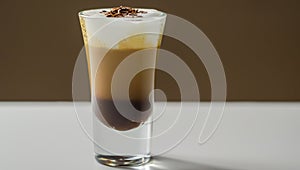 Coffee drink shot with a nutty note with fluffy milk foam, decorated with chocolate shavings
