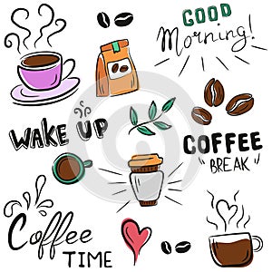 Coffee drink and text hand drawn collection