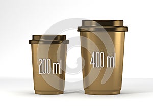 Coffee drinking cup sizes gold scheme with 200 400 milliliter 3d rendering