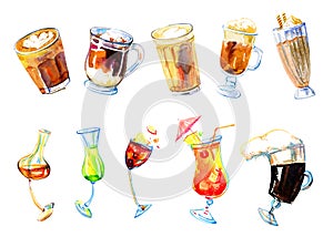 Coffee drinks and alcohol cocktails watercolor set. Hand drawn sketch illustration isolated on white background