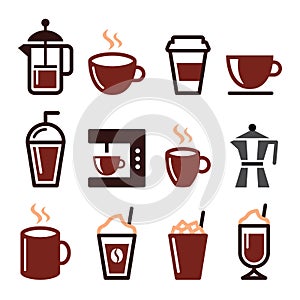 Coffee drinks, coffee makers icons set