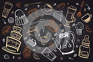 Coffee drinks and desserts set. Hand drawn sketch vector illustration on blackboard beckground