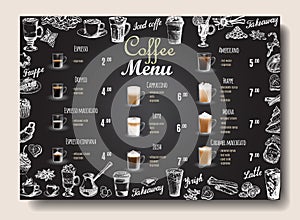 Coffee drinks menu price list on chalkboard for cafe, coffee shop vector template. Hand drawn cups, mugs. Hand lettering