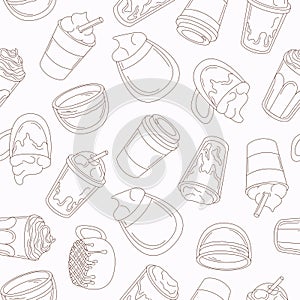 Coffee drinks seamless pattern in line art style. Coffee shop design or cafe background. Vector illustration on a white