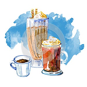 Coffee drinks watercolor illustration. Hand drawn sketch composition with three mugs of latte, mocaccino and espresso