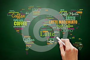 Coffee drinks word cloud in shape of World Map