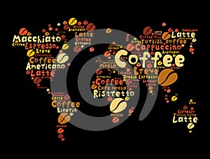 Coffee drinks word cloud in shape of World Map