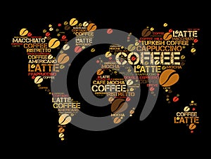 Coffee drinks word cloud in shape of World Map
