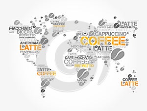 Coffee drinks word cloud in shape of World Map