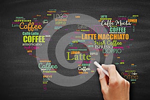 Coffee drinks word cloud in shape of World Map, concept background