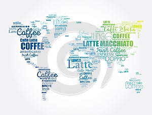 Coffee drinks word cloud in shape of World Map, concept background