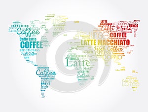 Coffee drinks word cloud in shape of World Map, concept background