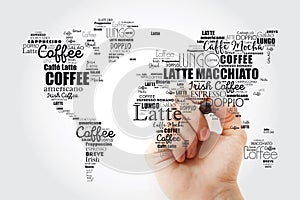 Coffee drinks word cloud in shape of World Map