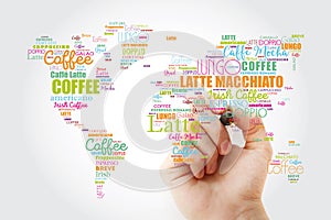 Coffee drinks word cloud in shape of World Map