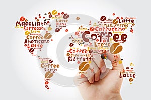 Coffee drinks word cloud in shape of World Map with marker
