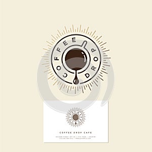 Coffee drop cafe logo. Coffee emblem. Coffee drop and a cup of coffee with gold sunrays.
