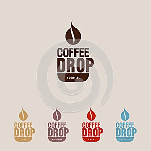 Coffee drop logo. Coffee emblem. A cup and dark drop like coffee bean icon. Hipster flat logo for cafe.