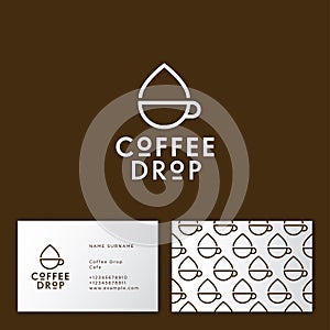 Coffee drop logo. Coffee emblem. A cup and drop linear flat icon. Hipster flat logo for cafe.