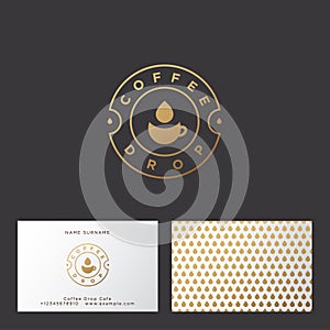 Coffee drop logo. Coffee emblem. Gold cup and drop icon. Flat logo for cafe. Business card.