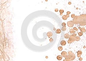 Coffee drops on white paper with crumpled side grunge