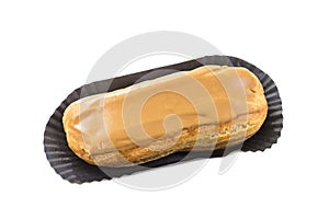 Coffee eclair pastry on white background
