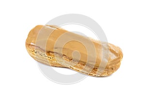 Coffee eclair pastry on white background