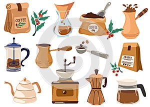 Coffee elements collection. Coffee supplies icons. Maker, French press, pot, coffee machine, grinder, grains