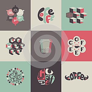 Káva emblémy a etikety. sada skladajúca sa z plagáty dizajn 