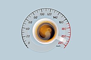 Coffee and energy boost, creative idea. Caffeine and top speed, concept. Americano cup and speedometer