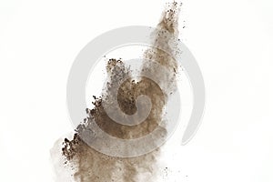 Coffee explosion isolated on white background.Explosion of brown powder, isolated on white background