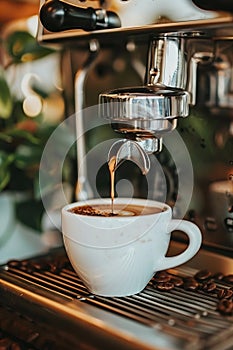 Coffee extraction from portafilter in bright white setting, espresso pouring into cup