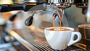 Coffee extraction portafilter pouring coffee into cup from machine in bright white setting