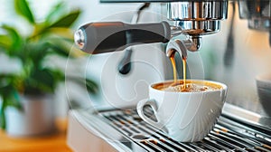 Coffee extraction portafilter pouring espresso into cup in bright white setting