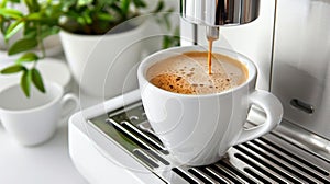Coffee extraction portafilter pouring espresso into cup in bright white setting photo