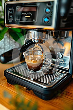 Coffee extraction portafilter pouring espresso into cup in bright white setting photo