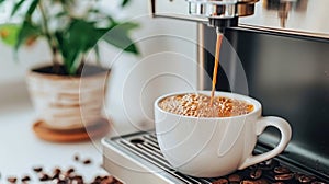 Coffee extraction portafilter pouring espresso into a cup from white coffee machine