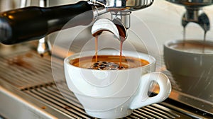 Coffee extraction portafilter pouring espresso into cup from white coffee machine photo