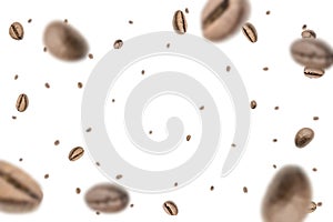 Coffee falling bean background. Black espresso coffee bean flying on white. Aromatic grain fall isolated. Represent